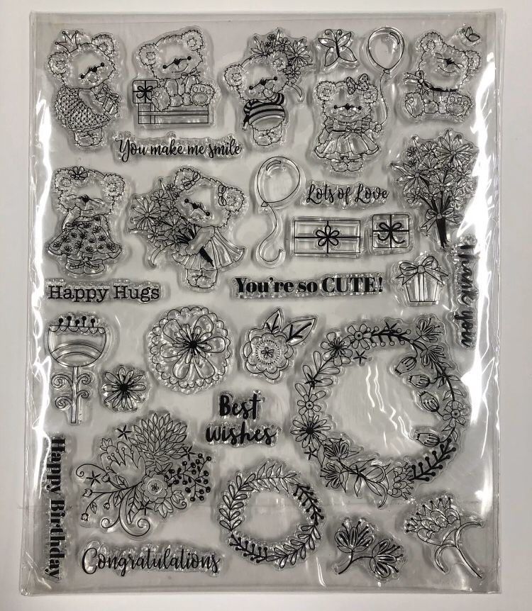 30 Piece Clear Cling Stamps - Bears Flowers Birthday Love Thanks Congrats