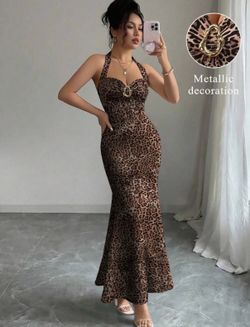 Elegant Leopard Print Dress Neck Tie