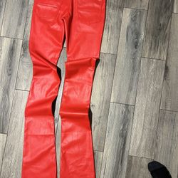 Rockstar Red Leather Stacked Flare Jeans
