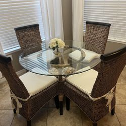 Round Glass Dining Table + 4 Wicker Chairs