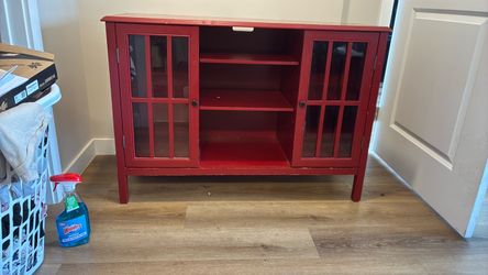 Red Wood TV Stand with Glass Door Cabinets