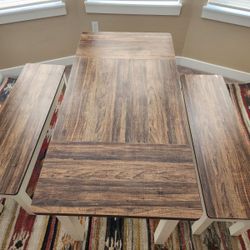 3 Piece Farmhouse Wood Dining Table Set With 2 Benches