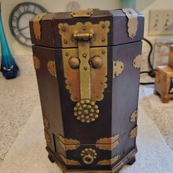 Antique?/Vintage Asian Brass & Wood Hexagonal Tea Caddy