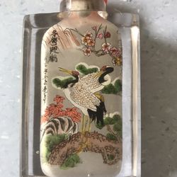 Chinese Reverse Inside Painted Landscape Glass Snuff Bottle crane and plum tree
