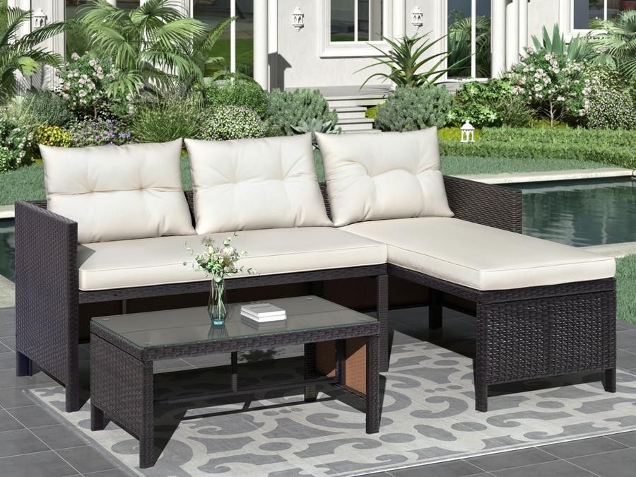 3-Piece Outdoor Rattan Sectional Sofa Set with cushions, Patio Wicker Rattan Conversation Furniture Set, Steel Frame & Seat Cushion, Perfect for Garde