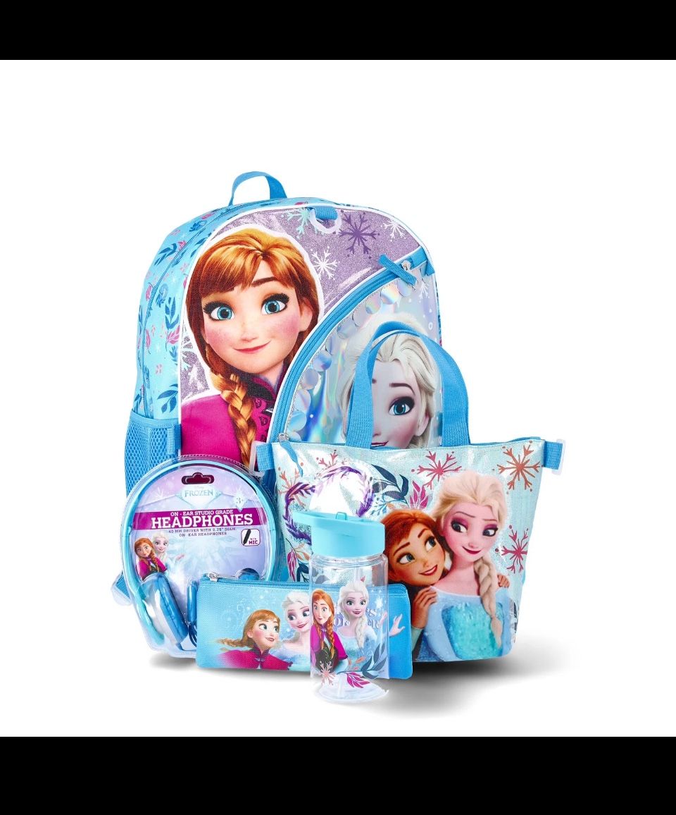 Disney Frozen Girls 6-Piece Backpack Set 17" Blue w/ Headphones & Lunch Box.