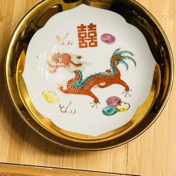 Mini Vintage Bowl (saucer) Hand Painted CHINESE DRAGON AND PHOENIX Porcelain  Heavy GOLD