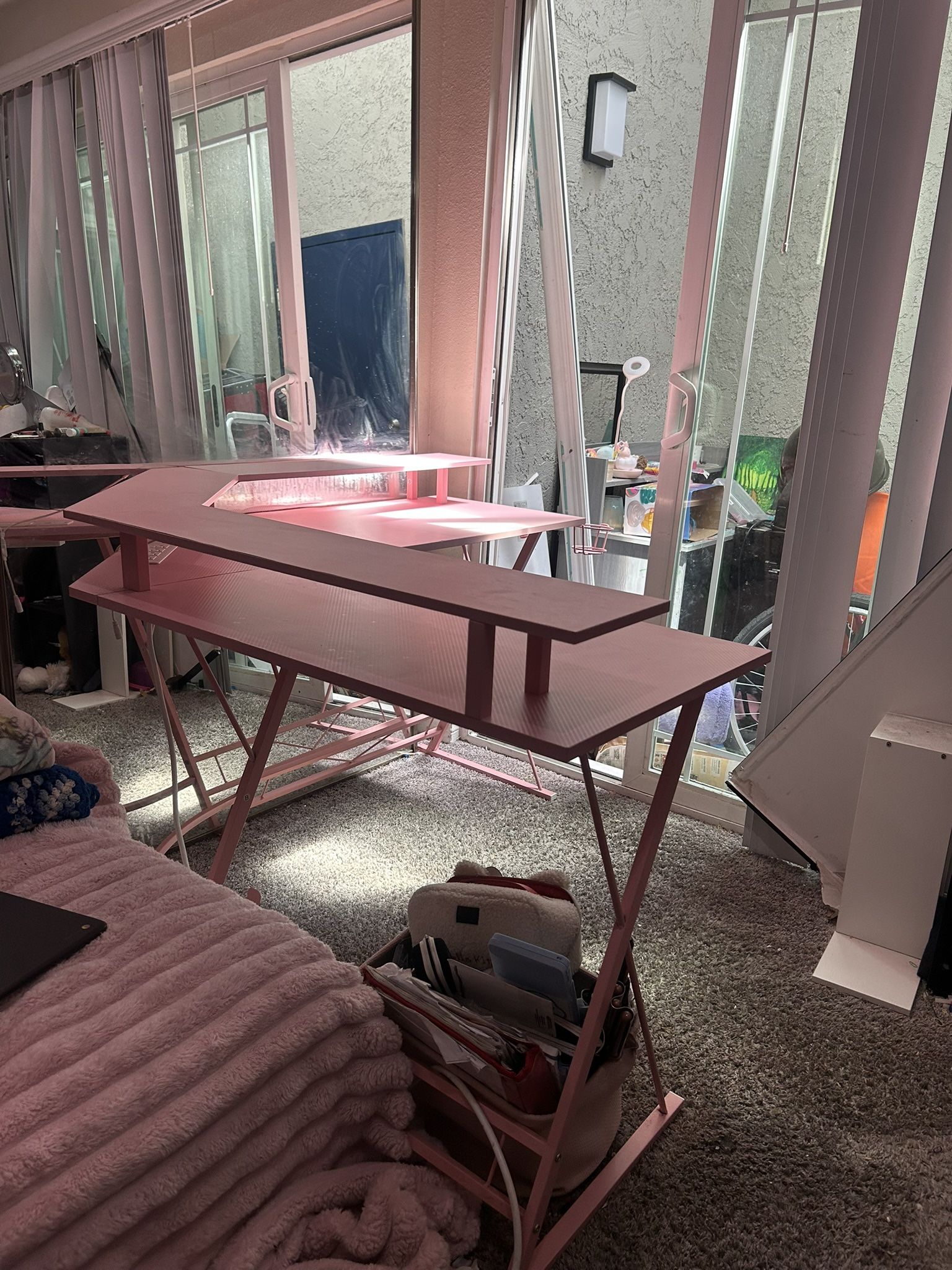 Pink Corner L Shape Double Layer Gamer Desk