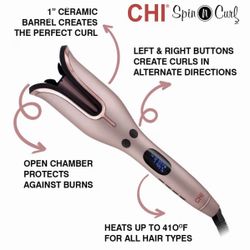 CHI Spin N Curl, Curling Iron For Healthy & Shiny Effortless Curls & Waves, Provides Preset Temperature Settings For Each Hair Texture, Rose Gold
