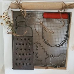 12x12 Wood Frame, Chicken Wire. Vintage Grater, Naser, Cookie Cutters. Rolling Pin For Your Farm House Decor
