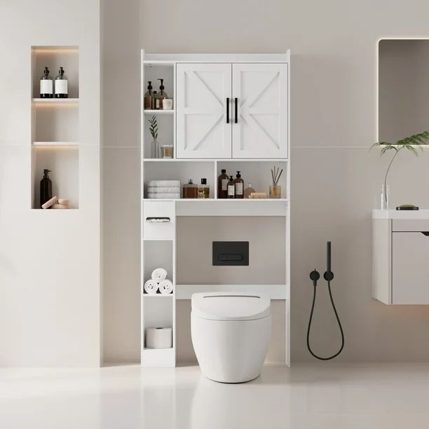 Farmhouse Over-Toilet Organizer w/ Barn Doors & Side Shelves – Open Box