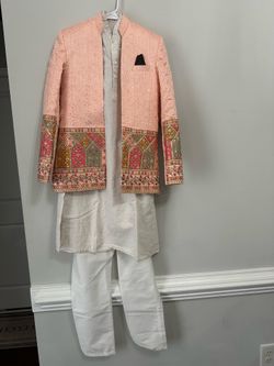 Embellished Peach boys Indian Traditional 3-piece Jacket with Intricate Border Embroidery