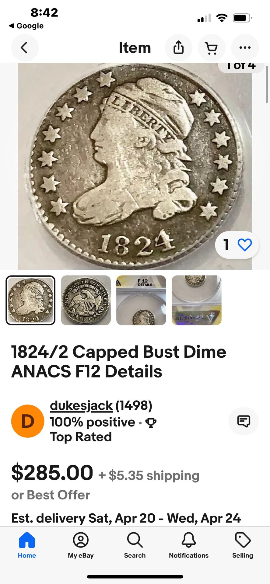 1824 Bust Silver Dime - Holed