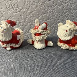 3 Vintage Christmas Kitschy Napco Spaghetti Trim Santa's