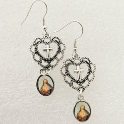 Sacred Heart Cross in Heart Religious Earrings, Christian Catholic Jewelry