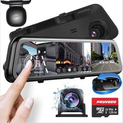 PRUVEEO 2K Mirror Dash Cam 3 Channel,Rear View Mirror Camera,Dash cam Front and Rear Inside,12'' Full Touch Screen, IR Night Vision,GPS,Parking Assist
