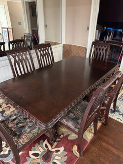 Gorgeous Carved Wood Dining Set – Table + 6 Chairs + Leaf – $425