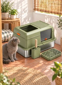 Brand New Green Stainless Steel Cat Litter Box – Side Entry & Anti-Tracking Top