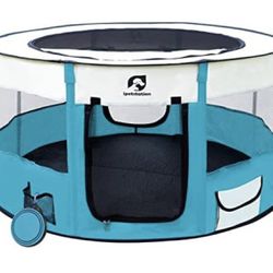 Dog Playpen Puppy playpen Foldable for Dogs Kennel Indoor Dog Cats Crate with Collapsible Travel Dog Crate with Bowl，44"×44"×23"（Blue-L）,Outdoor
