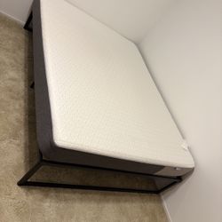 Queen Metal Platform Bed Frame + Crystli Queen Mattress + Nightstand (2 Fabric Drawers)