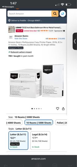 Amazon Basics Multipurpose Copy Printer Paper, 20 lb, 8.5 x 11 Inches, 10 Reams (5,000 Sheets), 92 Bright White
