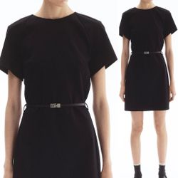 H&M NWT Black fitted woven fabric raglan sleeves BELTED shift DRESS L