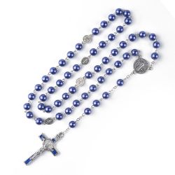 Catholic rosary beads in a gift box. Blue