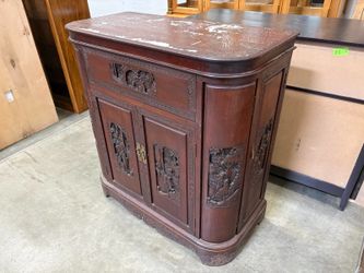 Vintage Mid-Century Asian Dry Bar Cabinet with High Relief Carvings and Bottle Storage