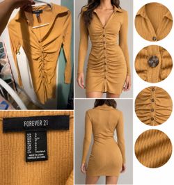 Forever 21 Mustard Ribbed Button-Front Mini Dress