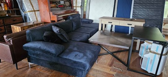 Large Black Velvet Double Chase Sectional Couch