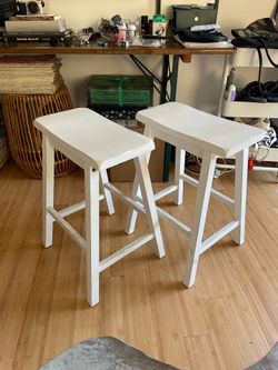 2 Wooden stools - solid wood painted white