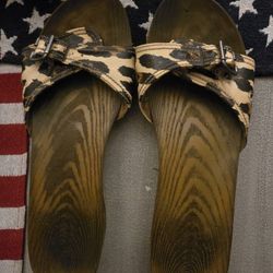 Dr. Scholls Wood Grain Sandals With Animal Print Straps