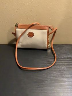 Vintage Dooney&Bourke Off White Brown Leather Trim Crossbody Bag 