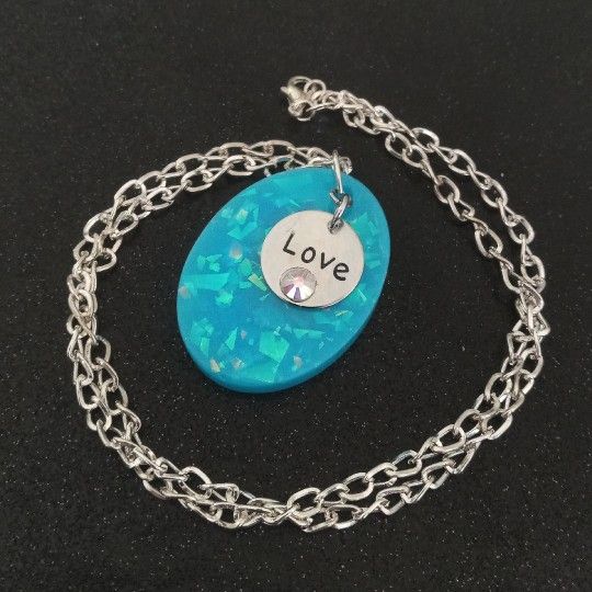 Faux blue opal glow love oval pendant on 18" silver necklace new handmade resin