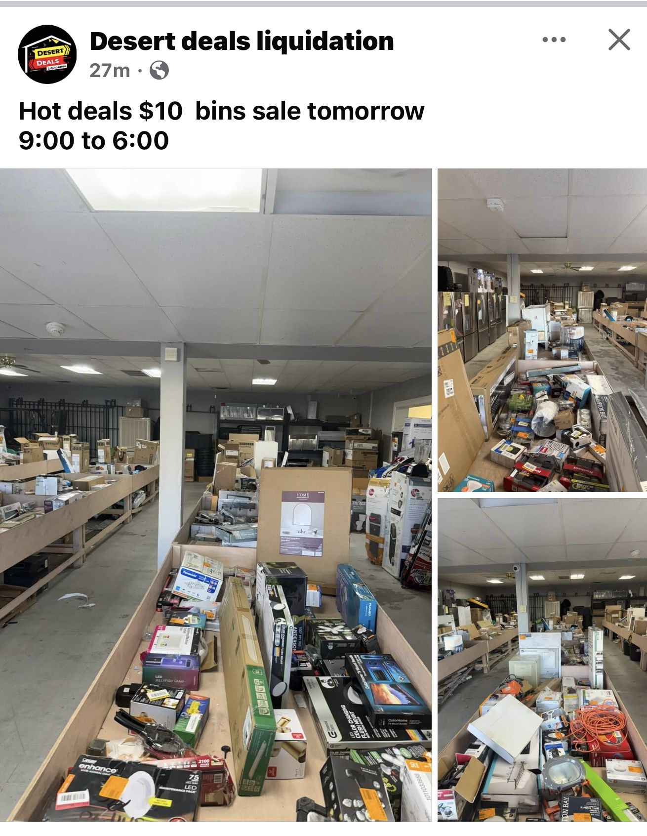 Desert deals liquidation has hot deal Wednesday 04/16 all bins $10 from9-6 locations 1322 S 4th ave yuma az 85364