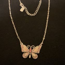 16” SilverTone Butterfly Necklace With Pink Rhinestones,by 1928
