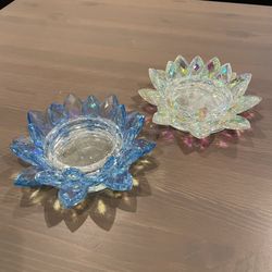 Vintage Crystal Lotus Flower Blossom Candle Holder, set of 2