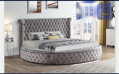Queen Bed | Velvet Grey | Round Tufted Bed With Storage