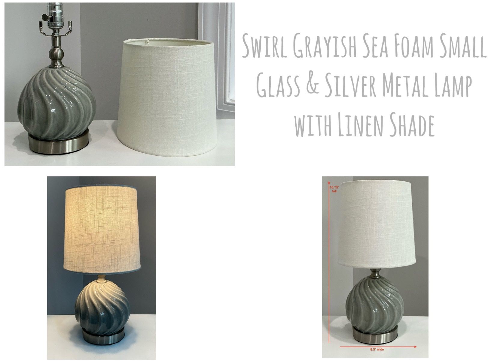 Swirl Grayish Sea Foam Small Glass & Silver Metal Lamp with Linen Shade