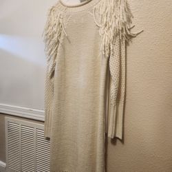 Women's Eliza J Cream Ivory Fringe Shoulder Cable Knit Sweater Dress