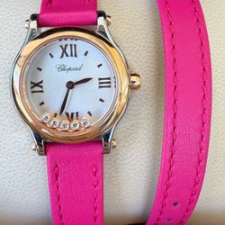 Chopard Happy Sport 25mm Silver Dial Floating Diamonds 18K Rose Gold & Stainless Steel Pink Blue Crocodile Leather Straps 278620-6001 quartz Watch
