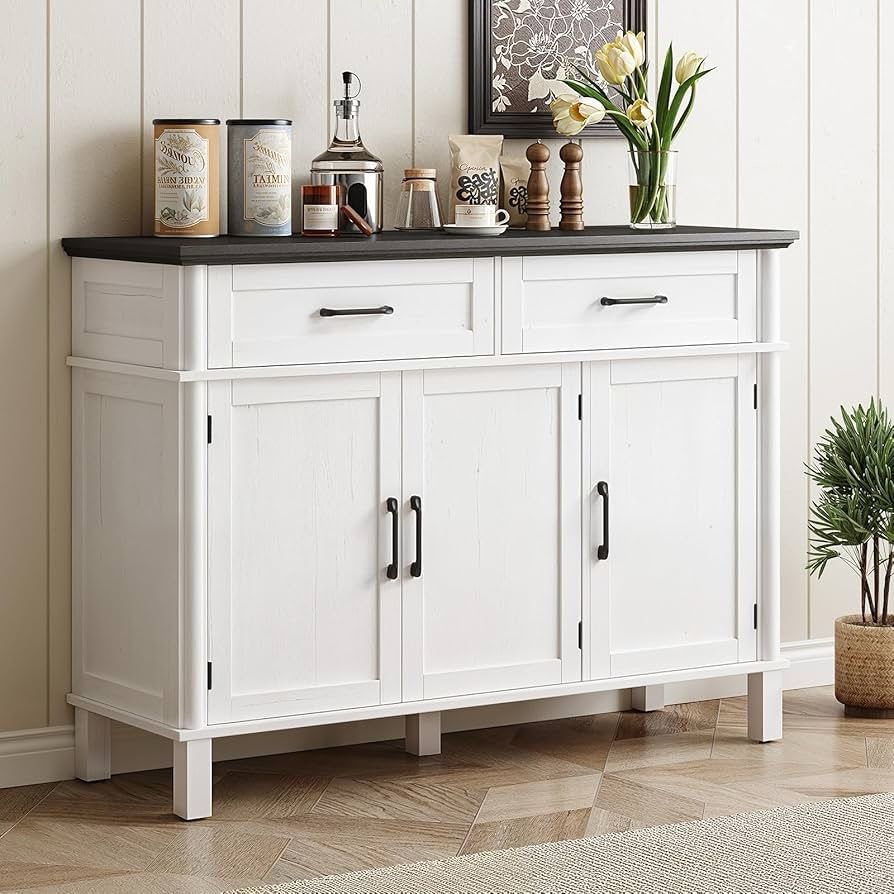 48 Inches Buffet Cabinet with Storage, Farmhouse Sideboard Buffet w/2 Drawers and 3 Doors, Wood Coffee Bar Cabinet with Adjustable Shelves,