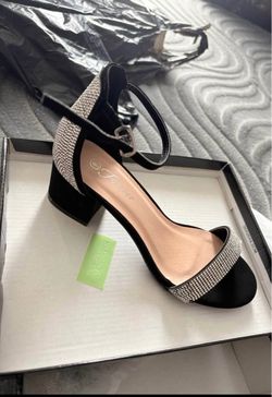 Forever Black Block Heel Sandals with Rhinestones