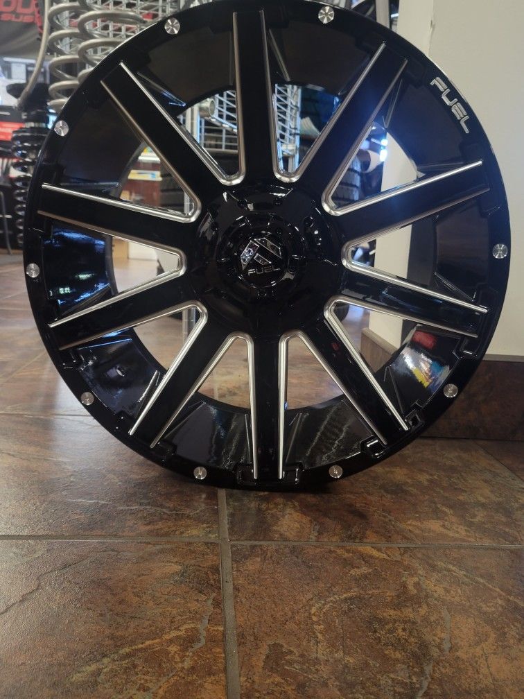 20x9 -1 5X150 5X139.7 WHEELS FUEL CONTRA GLOSS BLACK MILLED TIRES AVAILABLE TOYOTA TUNDRA DODGE RAM 1500 5-LUG