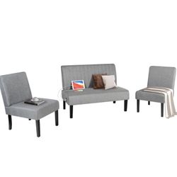 3 Piece Living Room Furniture Set with USB, Mini Comfortable Bedroom Sofa, Accent Chair and Loveseat Sofa Set, Small Sofa for Small Spaces, Apartment 