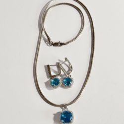 925 Sterling Silver Necklace 15” Blue Topaz, Zircon And Earrings Set