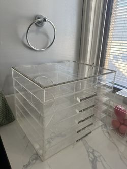 CosmoCube Makeup Organizer Clear Acrylic 5-Drawer Jewelry and Makeup Organizer with Rhinestone Trim