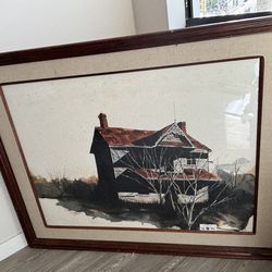 Vintage Wooden and Fabric Framed Achitectural Watercolor Signed and Dated 1979