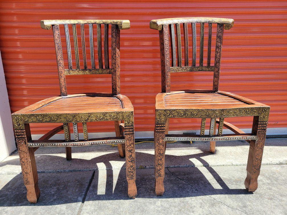 Pair Vintage India Style Wooden Chairs Embossed Metal Accents
