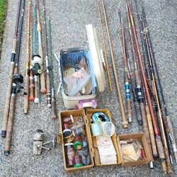 Assorted Old Vintage Fishing Gear Rod Pole Fish Bait Reel Weights Tackle Box